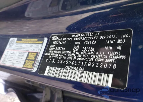 2019 Kia Optima Ex z USA, uszkodzony, nr VIN 5XXGU4L11KG322078